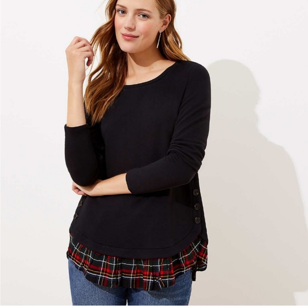 LOFT Small Black Boat Neck Shirt with Plaid Detailing